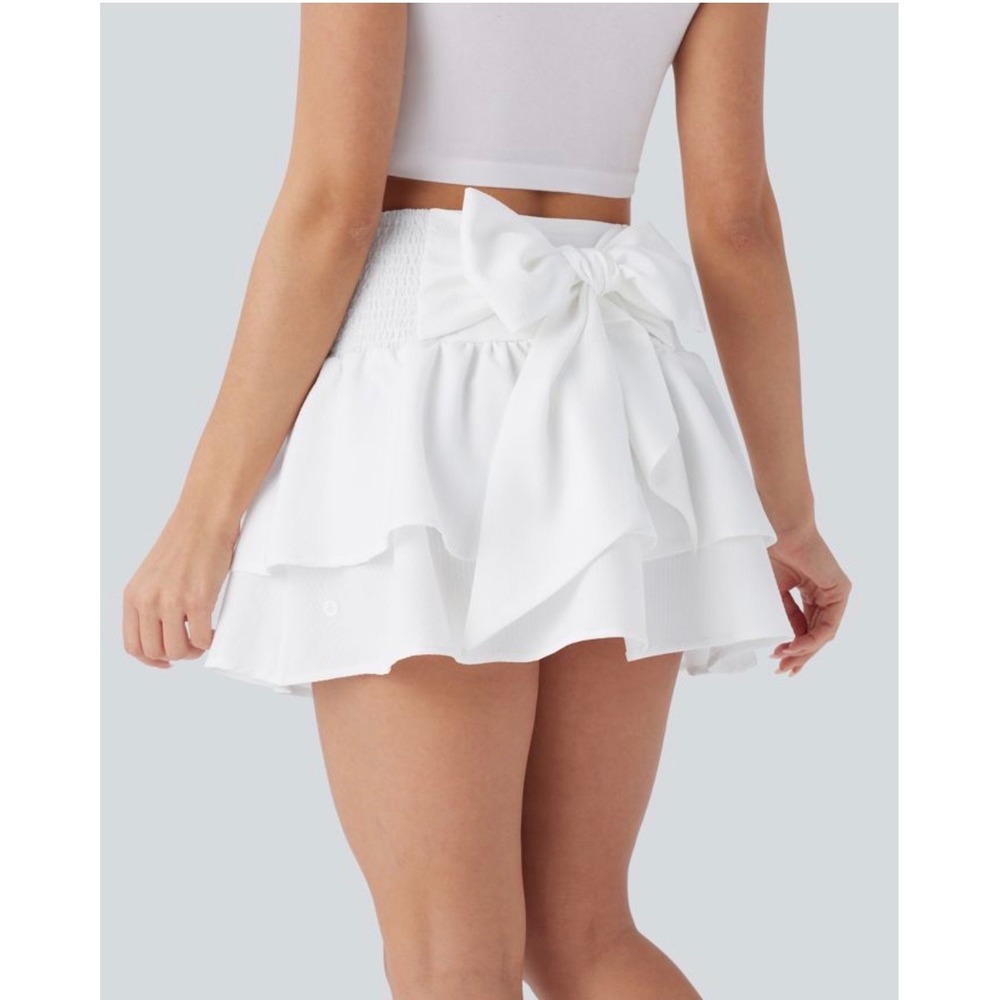 Halara High Waisted Tie Back Shirred Tiered Mini Skirt S White Athleisure Skort